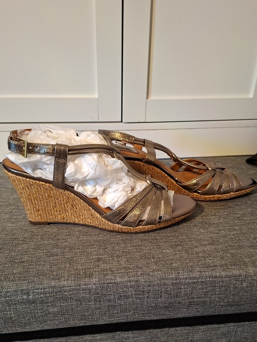 Clarks Metallic Bronze T-Strap Wedge Sandals‎